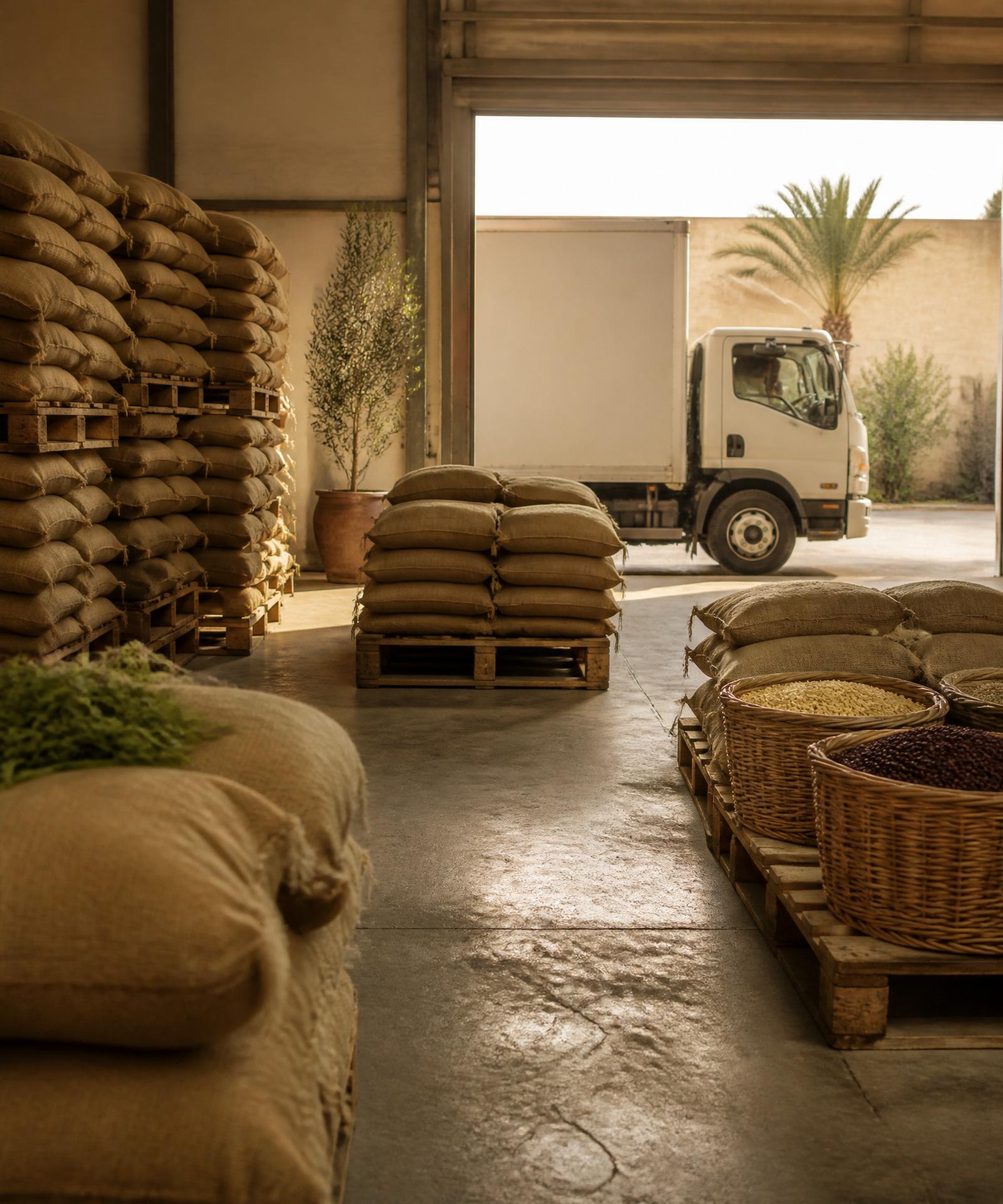 Entrepôt professionnel QOUTRA — sacs de produits alimentaires, palettes et camion de livraison