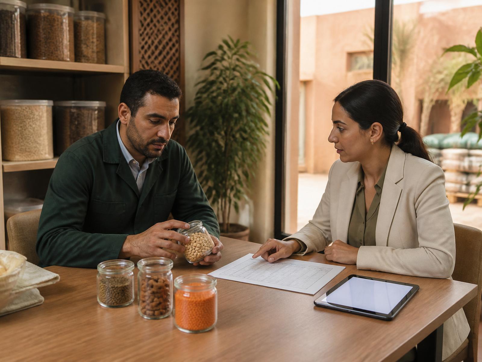 Discussion professionnelle B2B autour d’échantillons de produits alimentaires